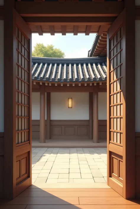 There are tiles on top, traditional Korean doors on both sides, and wooden floors on the bottom