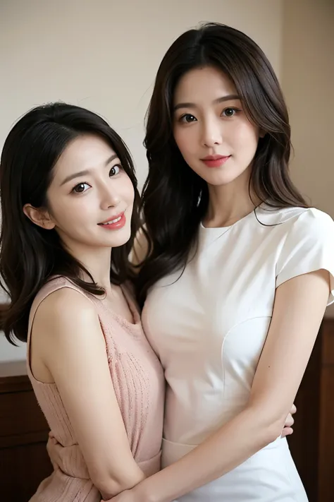 Two beautiful ladies in their 40s who are slim and have black hair