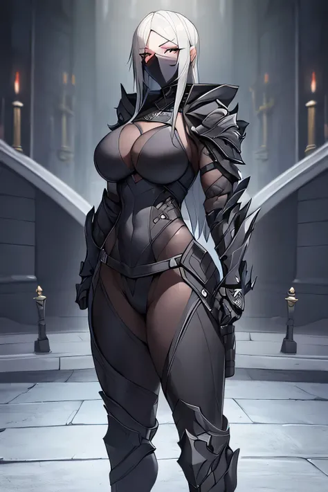 A highly detailed portrait of a female warrior in a black, form-fitting combat suit that reveals her muscular physique. She wears a simple, dark mask covering her face, with piercing gray eyes visible through the openings. Her long golden hair is partially...