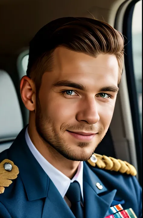 arafed soldier in uniform sitting in a car smiling, a portrait by January Suchodolski, flickr, happening, head shot, wearing a military uniform, wearing military uniform, in military uniform, in a soldier uniform, extremely handsome, 1 / 4 headshot, ridicu...