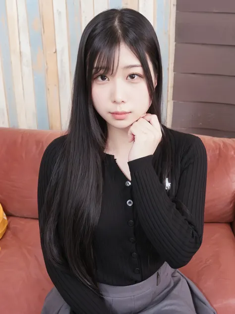 there is a woman sitting on a couch with a black sweater, with straight black hair, chiho, sui ishida with black hair, with long hair, taken with canon eos 5 d mark iv, black hime cut hair, taken with canon eos 5 d, taken with canon 8 0 d, reluvy5213