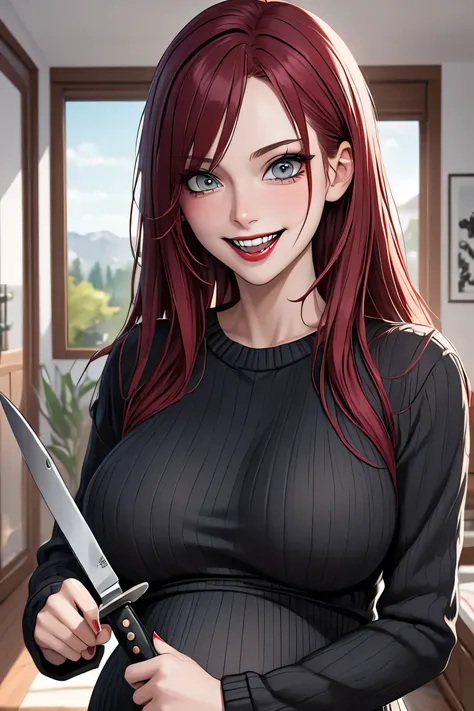 (masterpiece, best quality, 8k, high definition), whole body, 1 woman, long dark red hair, mid-chest, grey eyes, soft lips, beautiful face, wearing a black sweater, natural light, detailed background, Detailed Illustration Art, standing in a modern house w...