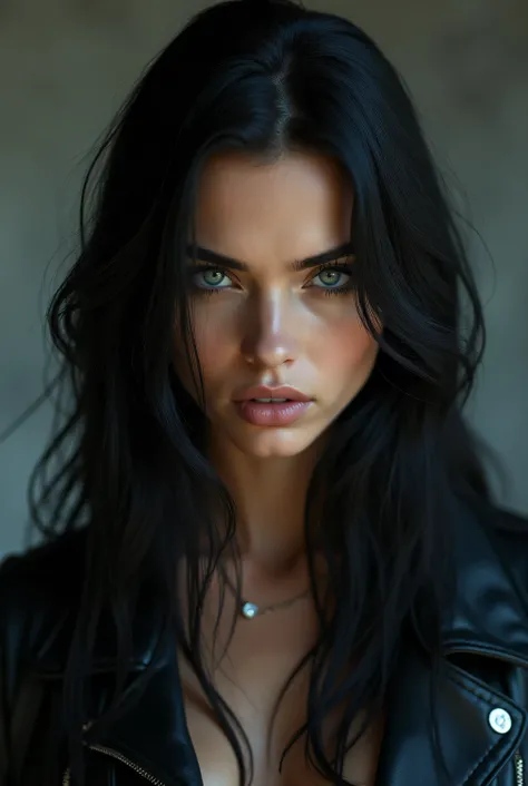 long black hair, Would you draw a 28 year old woman with deep blue eyes who is wearing a leather jacket but looking so seriously tough and determined. Let the skin color be white and not so masculine