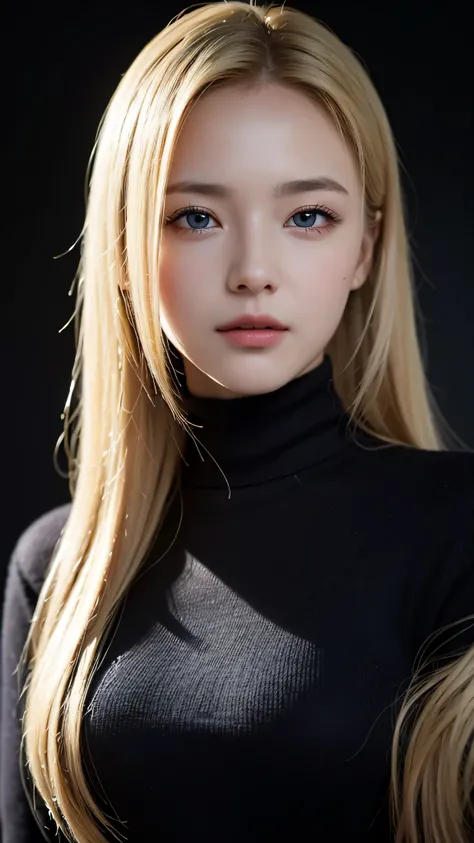  best quality , Masterpiece,   super high definition , ( photorealistic:1.4),  RAW photo,  1 girl,  long hair, Blonde,  Detailed eyes and face,  black sweater that has been hit,   dynamic lighting  ,  in the dark ,  deep shadow,  discreet ,  box