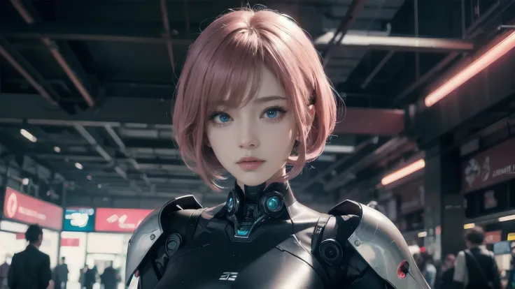 Anime Girl with pink スーパーロングhair and blue eyes standing in front of a large group of robots, Mecha Cyber Armored Girl , Anime Mecha Aesthetics , Anime Robot and Organic Mix , perfect android girl , cyberpunk Anime Girl mech, Digital Cyberpunk Anime Art , a...