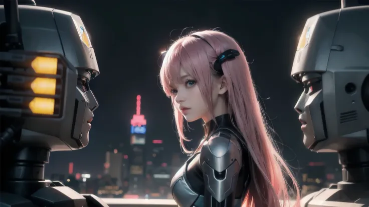 Anime Girl with pink スーパーロングhair and blue eyes standing in front of a large group of robots, Mecha Cyber Armored Girl , Anime Mecha Aesthetics , Anime Robot and Organic Mix , perfect android girl , cyberpunk Anime Girl mech, Digital Cyberpunk Anime Art , a...