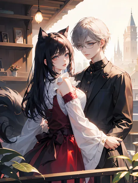  A werewolf with heterochromia， a cat with glasses ，Two people with their backs ，Depth of Field，shiny, shiny hair，學院風服裝