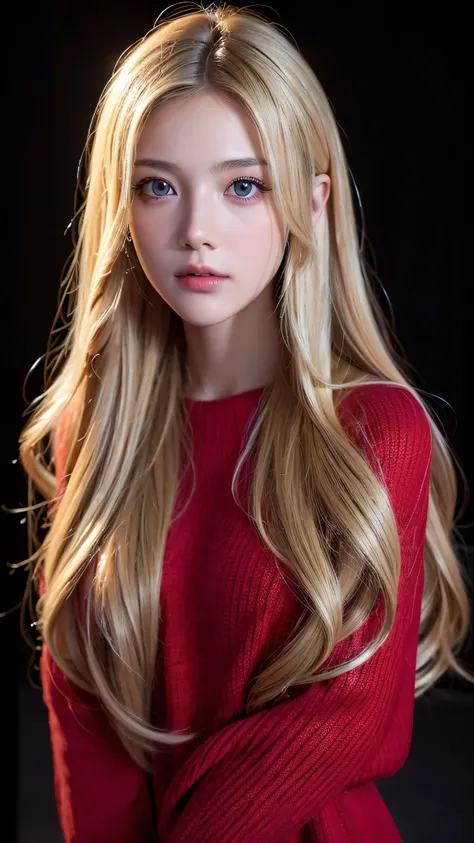 best quality , Masterpiece, super high definition , ( photorealistic:1.4), RAW photo, 1 girl, long hair, Blonde, meticulous eyes and face, ( red sweater) dynamic lighting , in the dark , deep shadow, discreet , box
