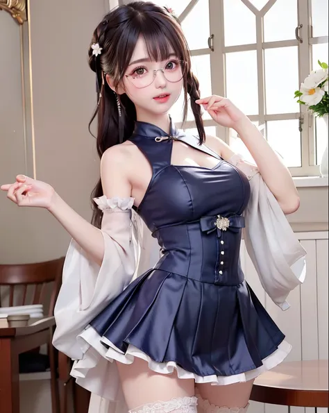 A girl, cute l old, maturbate, big breast, sexy, short dress, twin tail, CG Unity 8k Wallpaper, in lace petticoat thin silk wet , open v chested petticoat, The chest more exposed， detailed hair, green, detail 8k, upper body, ignette transparent fabric flow...