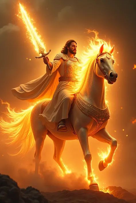 Jesus in diamond armor holding a fire-drenched sword atop a fire horse