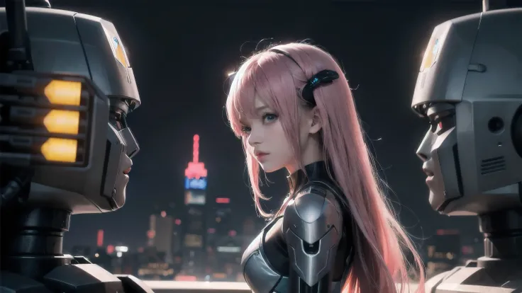 Anime Girl with pink スーパーロングhair and blue eyes standing in front of a large group of robots, Mecha Cyber Armored Girl , Anime Mecha Aesthetics , Anime Robot and Organic Mix , perfect android girl , cyberpunk Anime Girl mech, Digital Cyberpunk Anime Art , a...