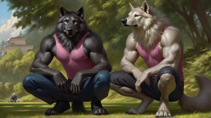          anthropomorphic black wolf Hairy       ,      accompanied by another hairy male white wolf squatting,        wearing black lycra pants and pink shirt     ,      calm expression       ,        masterpiece, The best art,        full body ,  de taran...