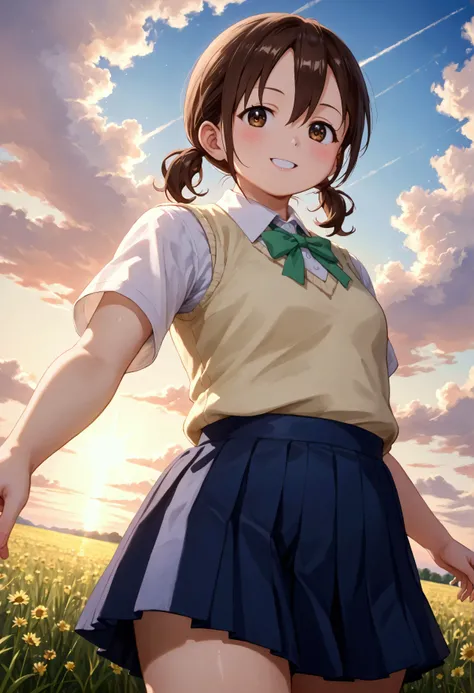 Watercolor illustration of a dreamy girl in a sundress, walking in a field of wildflowers at sunset Anime-style of a age girl with sparkling brown eyes and a gentle smile, (1girl), solo, honoka hara, short hair, brown hair, hair between eyes, twintails, (b...