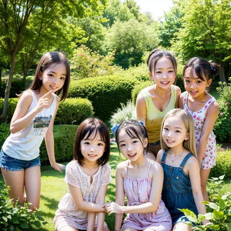  best quality  , Masterpiece,  happy smile 、8k、Ultra-fine、4girls、 beautiful background、12yo、Great fun、garden