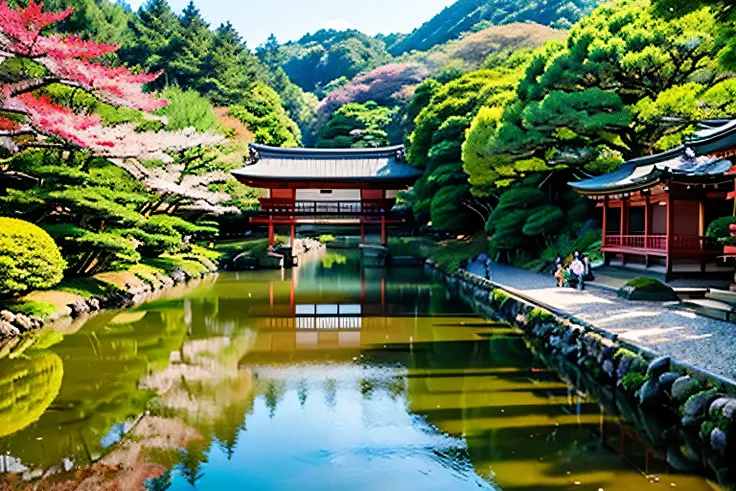 Trees grow along the river in a park with a bridge, Torii Kiyomasu's picture ,  Shutterstock ,  what is it ？,  View of a pond reflecting Japan's nature ,  Japan's Lush Forest , near a  Japanese Shrine, lush  Japanese Scenery, Japanese Temples, Kyoto Japan ...