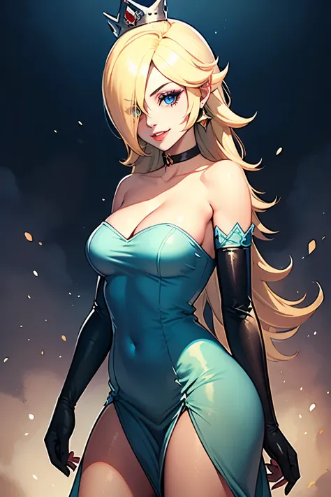 rosalina,hair over eye,blonde hair ,crown, blue dress, long dress, white gloves,strapless dress, long white satin elbow gloves, smile, light red lipstick, dark purple eye shadow, makeup, black choker, cowboy shot