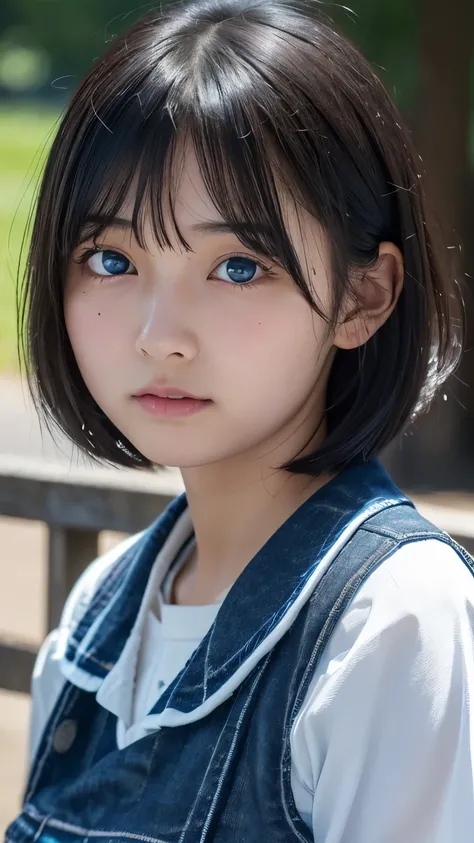 ( high resolution),( best quality ),( more details),( Japanese),(,Junior high school students),(Round face,Blue round eyes , heart eye),( low flat nose ),( black hair,Bob,Short Hair),( light blue camisole, Black Bloomer ),She has a puzzled expression after...