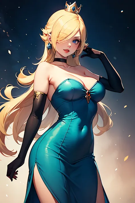 rosalina,hair over eye,blonde hair ,crown, blue dress, long dress, strapless dress, long white satin elbow gloves, smile, light red lipstick, dark purple eye shadow, makeup, black choker, cowboy shot