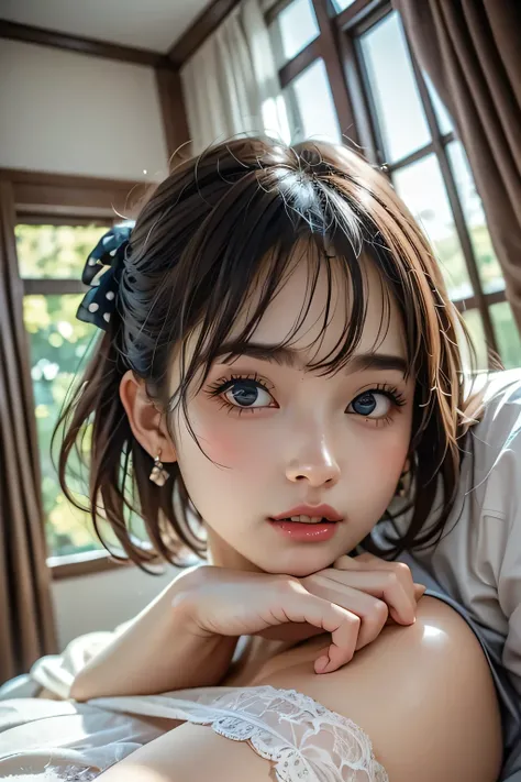 super sexy short hair ,(( super sexy lace dress)), One Girl, shiny skin,(Masterpiece;1.0), ( Realism:1.4), ( soft focus:1.2)、Light leaking from the window, seductive looks , miniskirt 、White lace panties slightly visible from the skirt delta、Super bea...