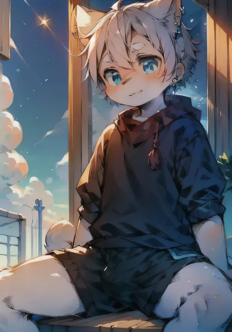  high quality ， high detail， bright environment ， furry ，Warm winter sunshine，Male cat，The shorts bulge up ，Open legs ， earrings，cute，White Hair，blue pattern ， blue eyes， sits in front of the window ，shy， blush，