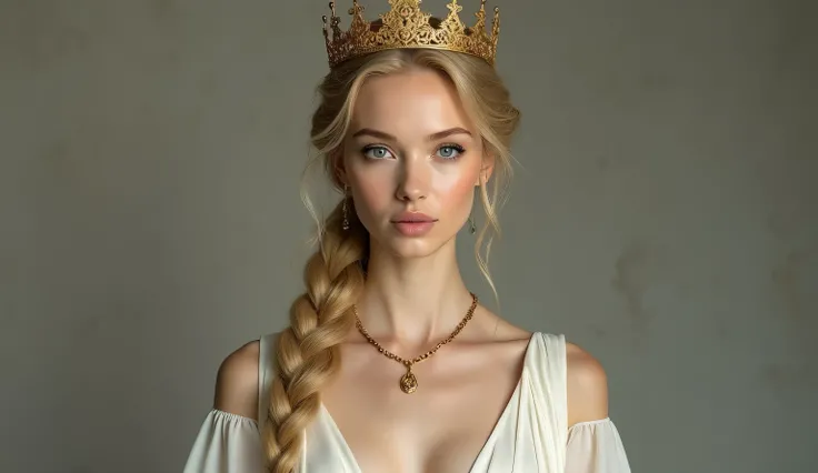 beautiful girl, 18 years old, long blonde braided hair, gold queen crown, slender body, pale white skin, neckless, wearing white queen dress revealing upper body