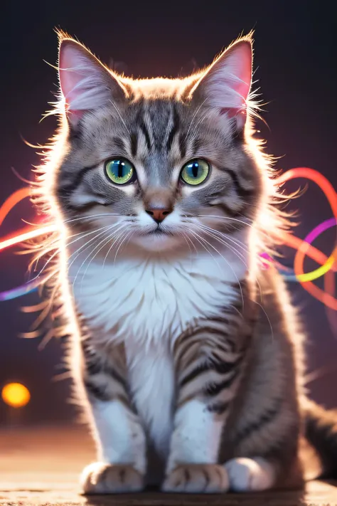 Light-colored cat with glowing eyes and swirly hair, Beautiful neon cat, 4k   Highly Detailed Digital Art  , Awesome cat,   colorful HD images  ,  4k very detailed art,  Vector art by 、 Colourful and Detailed  ,   Highly Detailed Digital Art  , Highly deta...