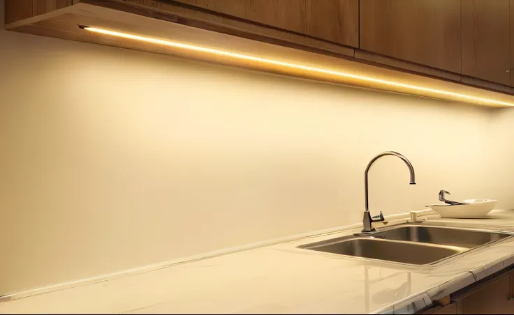 there is a sink and a faucet in a kitchen, edge lighting, warm ambient lighting, bright ambient lighting, led light strips, dim accent lighting, oled lights in corners, accent lighting, illuminated lighting, cinematic counter light, led lights around the p...