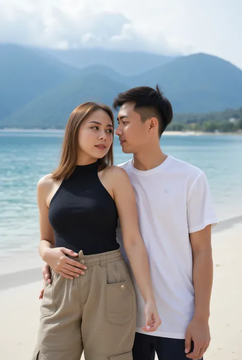 Beautiful Indonesian woman, 25 years old, wearing a turleneck knit tank top and cloth pants, curvy gym body, weight 55kg, big waist, hugging with a young man wearing a t-shirt and shorts, Korean hairstyle, thin body 40kg, beautiful beach, clear water , mou...