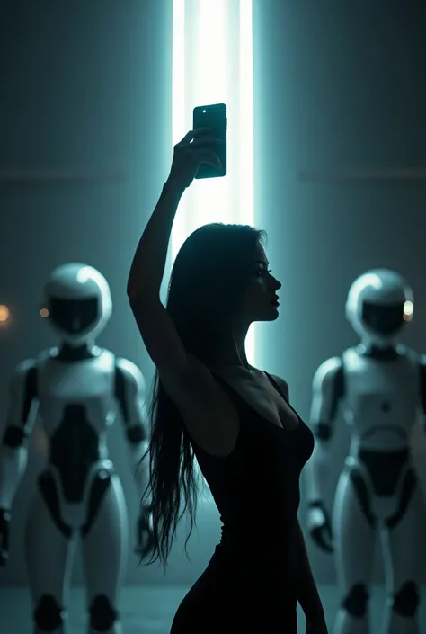 Machines observing a Glowing Cell Phone in the hands of a model woman silhouette holding black rectangle glowing selfie cellphone up above her beautiful head cyberpunk movie poster super heroine. 