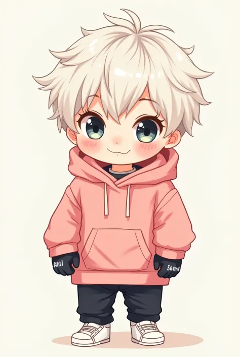 Make me a chibi art of a boy with white blonde hair and wearing a pink hoodie and wearing black half finger gloves wearing black pants and white shoes 