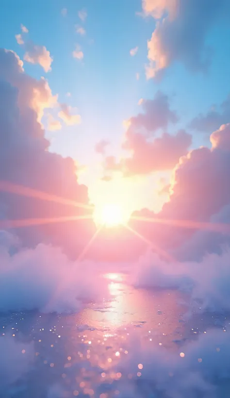 A serene and heavenly environment with a vibrant sky filled with soft, glowing hues of blue, pink, and golden light, as if during a majestic sunrise or sunset. Ethereal, radiant light streams down from the heavens, creating a peaceful and magical atmospher...