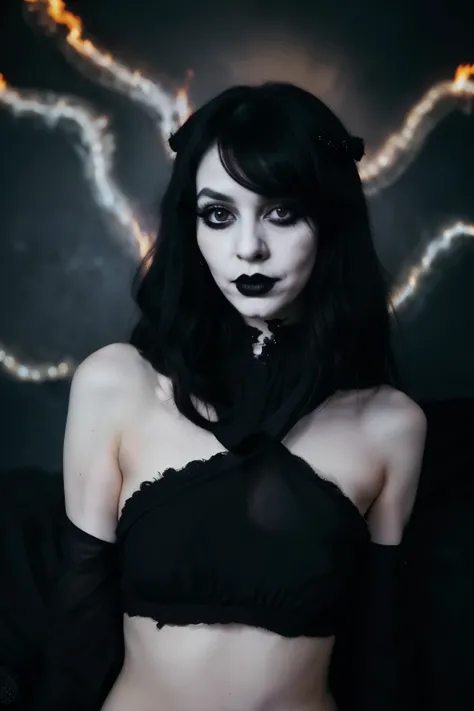 Create 25-year-old cute white girl with long black creepy hairstyle wearing black costume with full makeups and bangles and ring nose pin with black lipstick fire flame in hand with creepy background and sleeping in creepiest bed with ghost effects