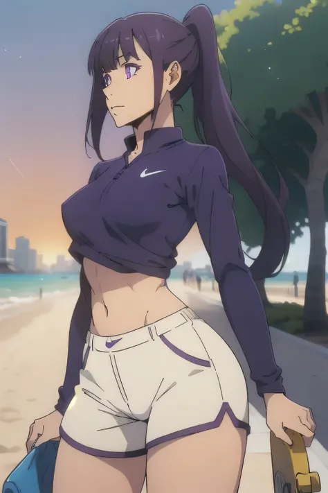 1 girl in, age18, photo of Sung Jinha, Solo Levelling Waifu, photo of perfect woman, Solo, Aesthetic artwork, (long hair, straight purple hair, long ponytail, dark purple hair, bangs: 1.25), (violet eyes, clear skin, fare skin, small breasts, B-cup, runner...