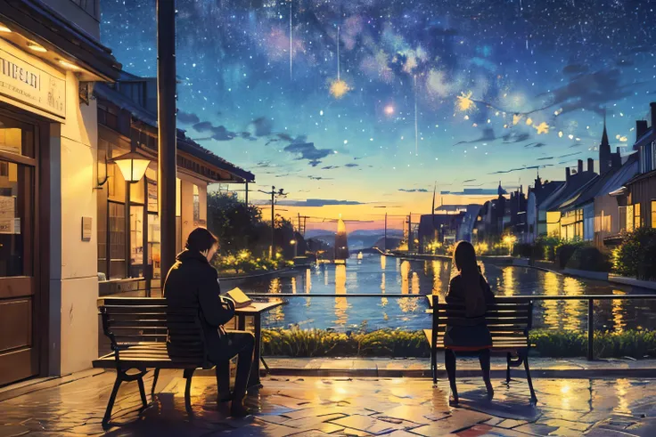 Starry Night with a person sitting on a bench and a painting of a city,  Vincent Van Gogh  ,  Shutterstock , Post-Impressionism, Van Gogh&#39;s Style Starry Night, Van Gogh&#39;s Style,  Van Gogh's Art Style ,  Vincent van Gogh Style,  Van Gogh style, vinc...