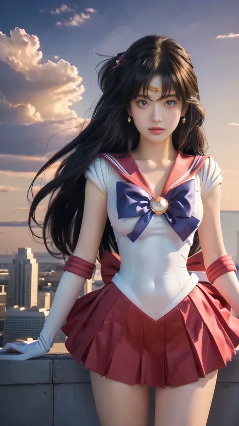 sailor girl posing on a rooftop with a city in the background, realistic style, anime girl cosplay, anime cosplay, the sailor moon. beautiful, inspired by Sailor Moon, photorealistic anime, hyper realistic, realistic, sailor moon style, rei hino as a princ...