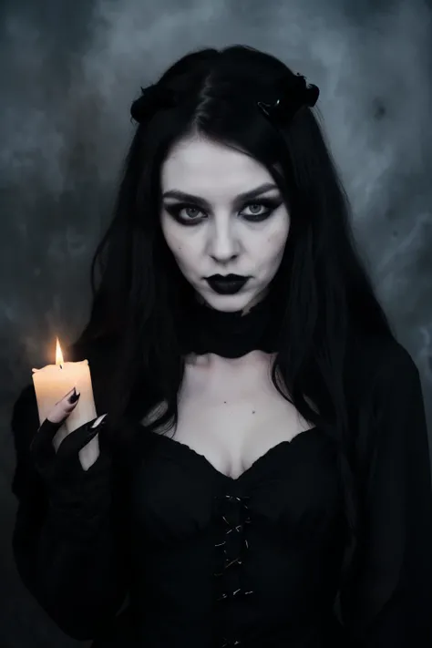 Create 25-year-old cute white girl with long black creepy hairstyle wearing black costume with full makeups with black lipstick with vampire teeth fire flame in hand with creepy background with ghost effects holding skulls