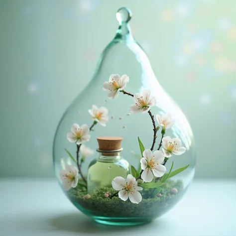 Ethereal glass terrarium, delicate cherry blossoms, pastel green and blue hues, soft focus still life, intricate details, dreamy atmosphere, vintage perfume bottle, wispy blue tendrils, tiny flowers, painterly style, light background, fine art photography,...