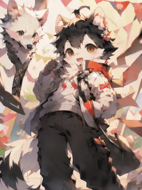 The white wolf has black hair, brown eyes, white limbs and ears, and is wearing a small cotton jacket with a New Year's feel, a white shirt underneath, and black pants on the lower body.