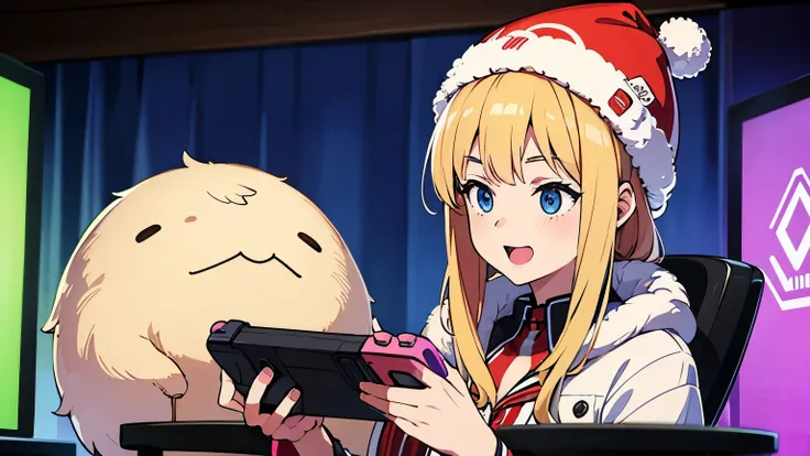 I'm wearing a fluffy hat　room　 has a controller 　One person　Young girl　　 having fun 　Game　Gaming