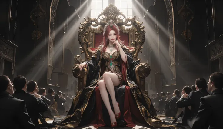 A queen in her early 30s sits on a grand royal throne with an arrogant pose. She crosses her legs and rests her chin on her right hand while her left hand rests casually on her thigh. Her crimson hair flows down to her shoulders, complementing her emotionl...