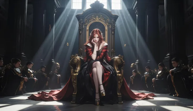 A queen in her early 30s sits on a grand royal throne with an arrogant pose. She crosses her legs and rests her chin on her right hand while her left hand rests casually on her thigh. Her crimson hair flows down to her shoulders, complementing her emotionl...