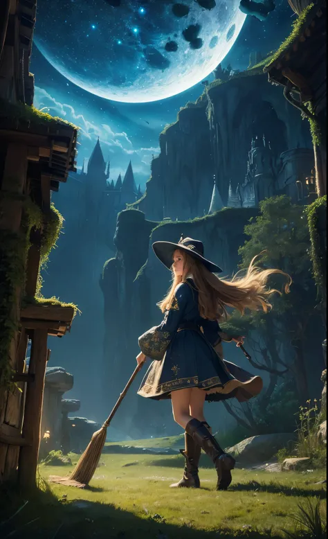 masterpiece, best quality, ultra-detailed, illustration, 1girl, solo, fantasy, flying, broom, night sky, outdoors, magic, spells, moon, stars, clouds, wind, hair, cape, hat, boots, broomstick, glowing, mysterious, enchanting, whimsical, playful, adventurou...