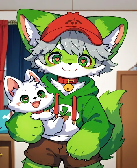  very detailedな, very detailed,grey hair with green fur ,,male,骨を見てExcited, heart eye,participate, red collar, green white and colored hat, cute face, fluffy fur like one,Excited,Horny boy,Beautiful room, 's room ,Smiling face,Dropped ears, let's play with...