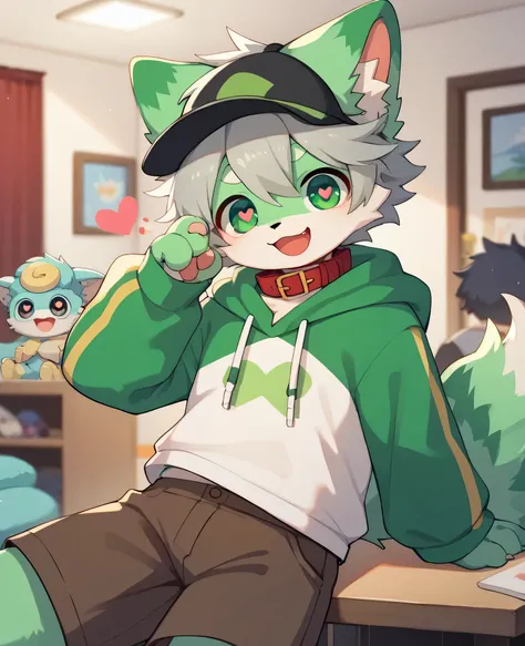  very detailedな, very detailed,grey hair with green fur ,,male,骨を見てExcited, heart eye,participate, red collar, green white and colored hat, cute face, fluffy fur like one,Excited,Horny boy,Beautiful room, 's room ,Smiling face,Dropped ears, let's play with...