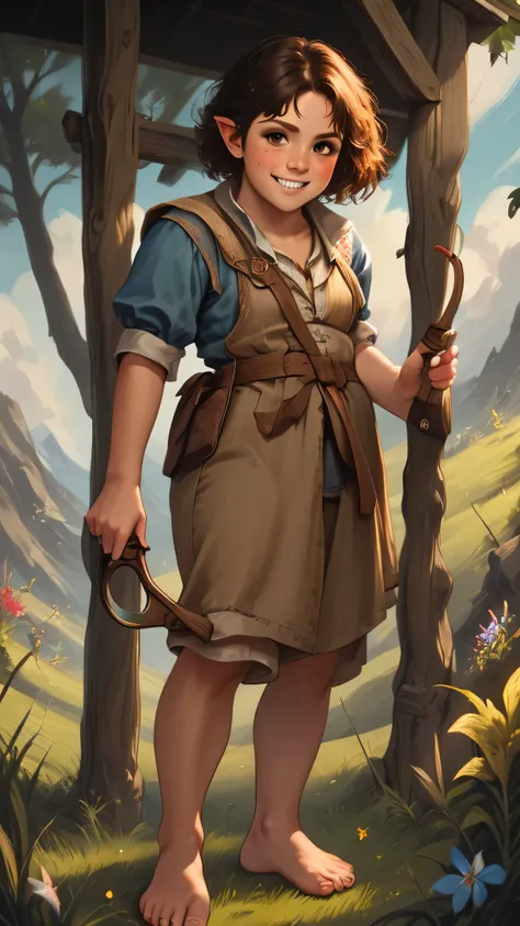 halfling, , 1child, , short stature, pointed ears, big eyes, big feet, rascal, black short hair, black eyes, ruddy body skin, mischievous, play with a slingshot, hold a slingshot, aim with slingshot, cheeky grin, tousled hair, dirt smudges on face, simple ...