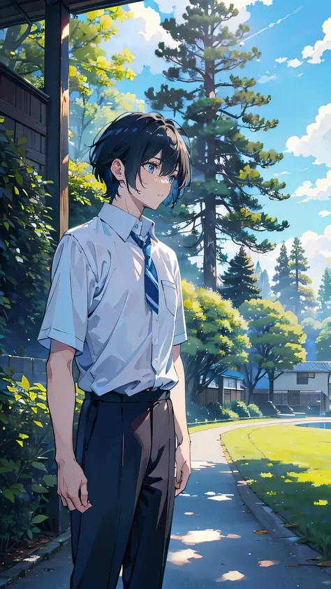 “A serene morning in a restored suburban neighborhood, the sky now clear and blue. Takuya stands alone at the edge of a park, wearing his school uniform and holding a small, unlit device that Leon left behind. The sunlight filters through the trees, castin...