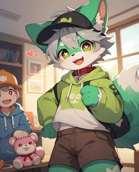  very detailedな, very detailed,grey hair with green fur ,,male,骨を見てExcited, heart eye,participate, red collar, green white and colored hat, cute face, fluffy fur like one,Excited,Horny boy,Beautiful room, 's room ,Smiling face,Dropped ears, let's play with...