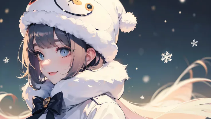 profile　 girl 　 kind eyes 　smile　Bob　Fluffy hat 　winter　One person　 upper body