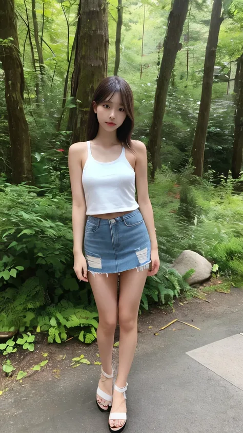 Skinny 　 slim figure 、  1 girl in the bush, Park Resort 　 blue miniskirt　 white tank top　Thin, thin, long, beautiful legs　 white sandals　 standing upright　