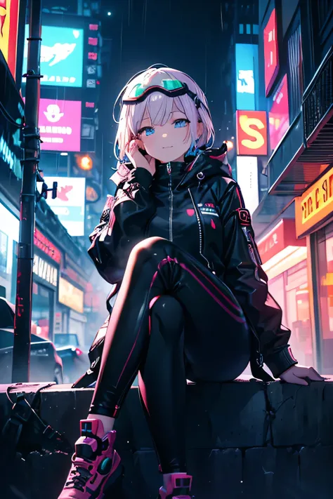 A beautiful cyberpunk-style anime girl sitting on a wall, wearing a futuristic neon-lit jacket with metallic accents, form-fitting cyber pants with glowing circuits, high-tech accessories, mechanical arm details, short or asymmetrical haircut with neon hig...